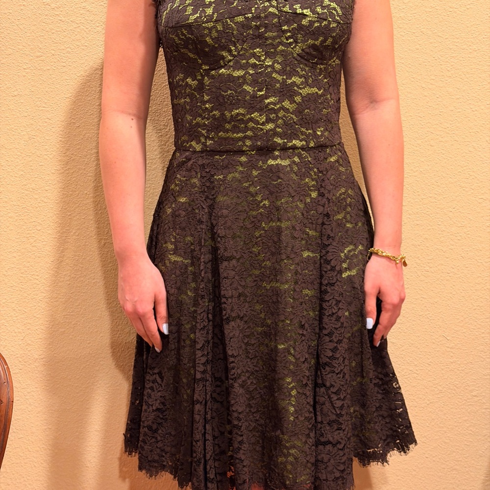 Steve Madden Brown Lace Strapless Dress with Olive Underlay